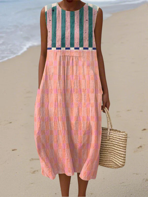 Elegant Striped Pastel Midi Dress for Women, Plus Size
