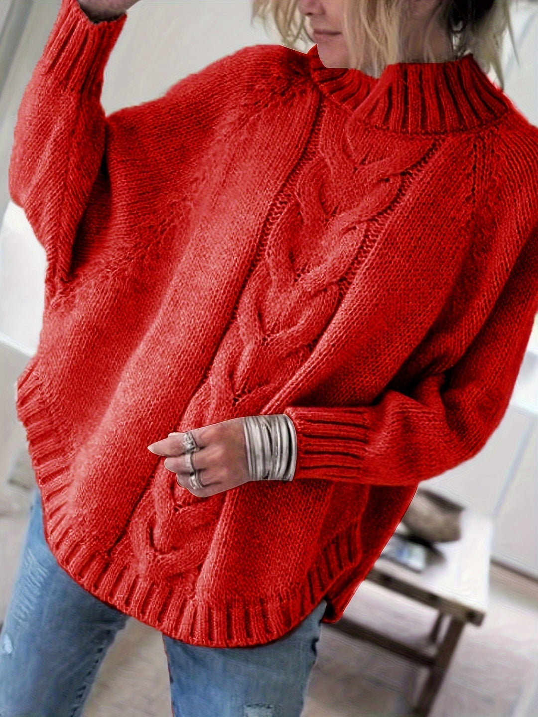 High-Neck Cable-Knit Sweater for Women, Cozy Style