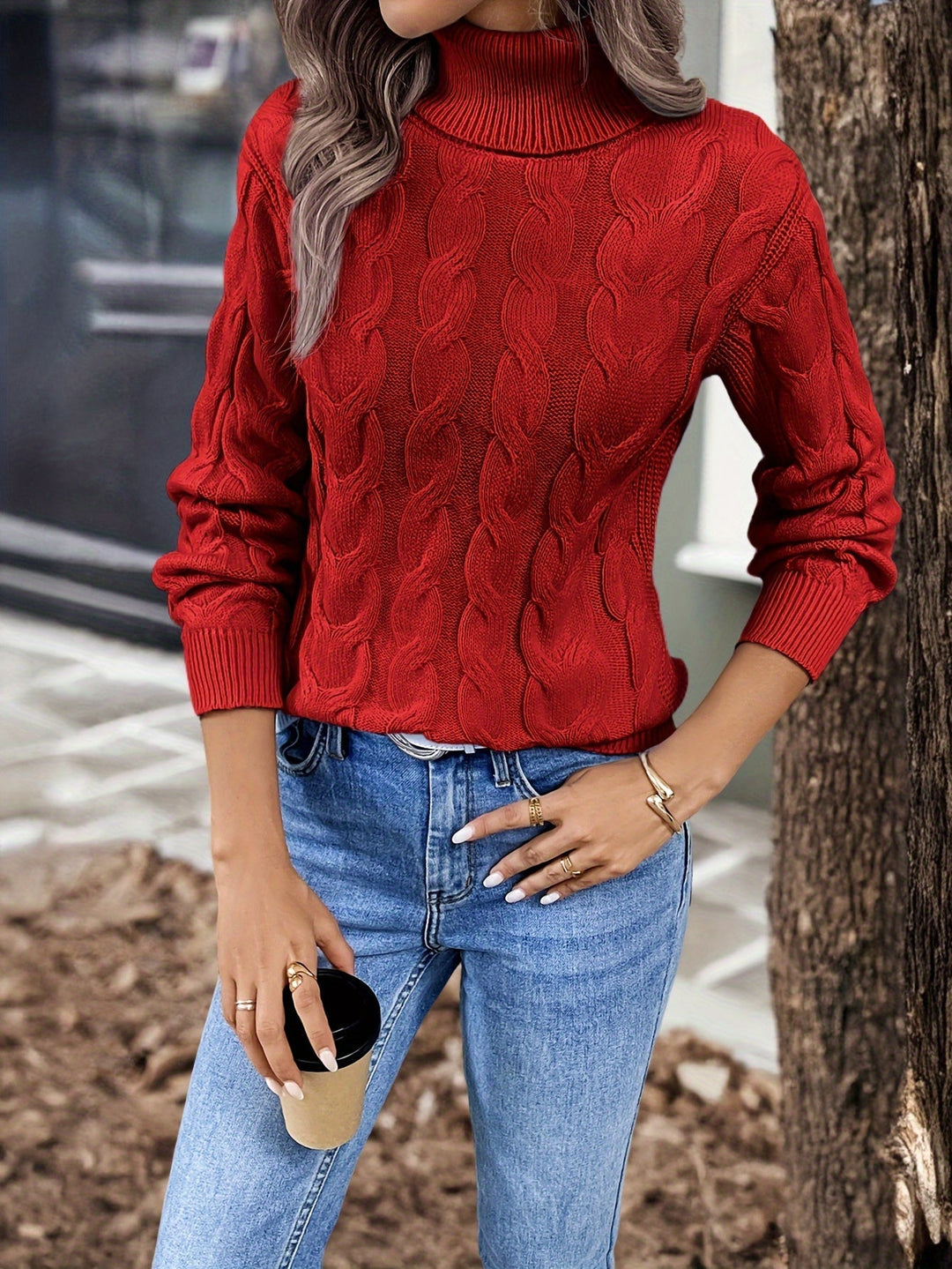 Cable-Knit Turtleneck Sweater for Women, Cozy Style