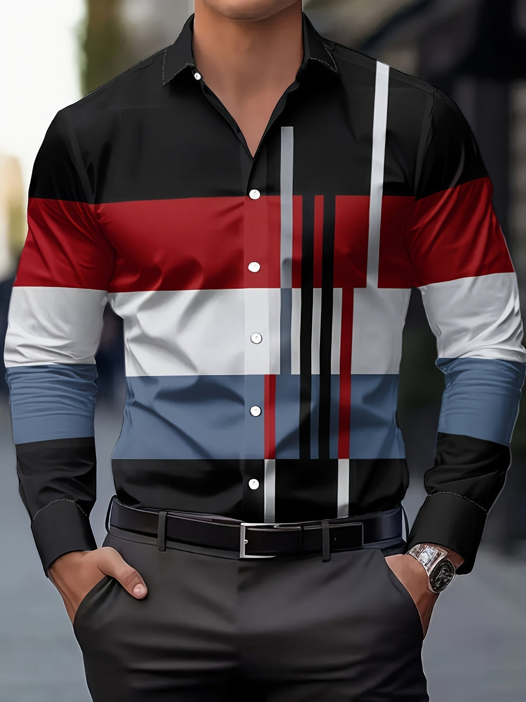 Men's Colour-Block Long-Sleeve Shirt