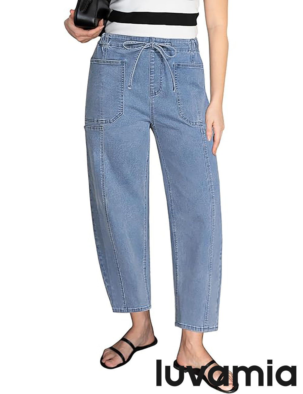 Women's Denim Pocketed Elastic-Waist Drawstring Jeans – Lakeside Blue