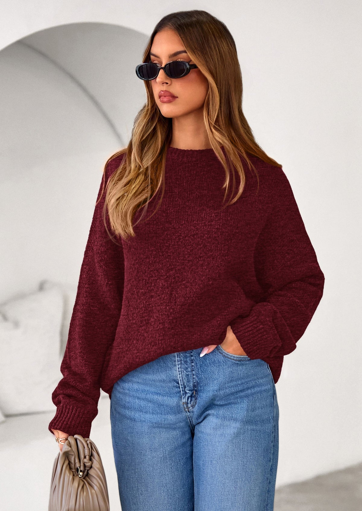 Women's Chunky Knit Oversized Crew Neck Relaxed-Fit Sweater – Wine Red