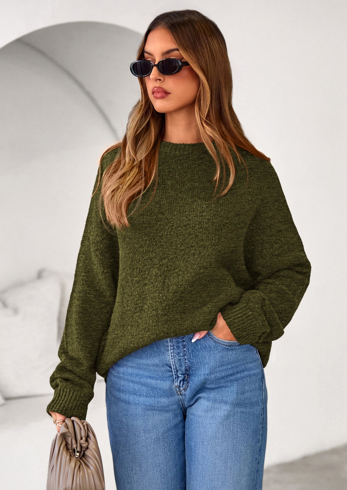 Women's Chunky Knit Oversized Crew Neck Relaxed-Fit Sweater – Army Green