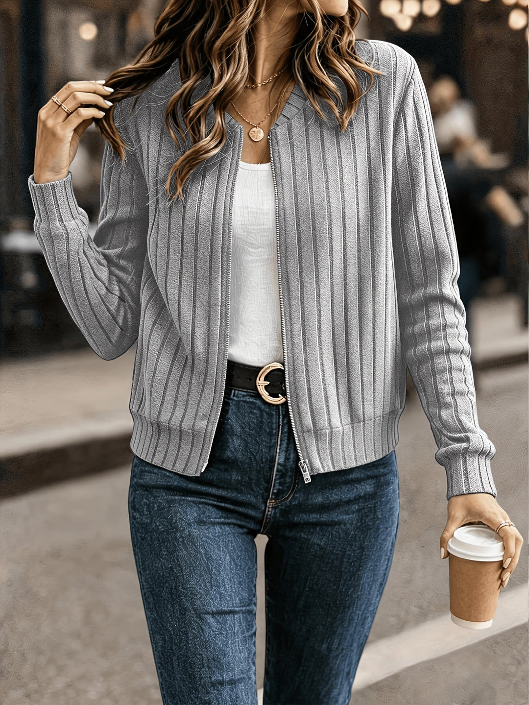 Ribbed Zip-Front Jacket for Women