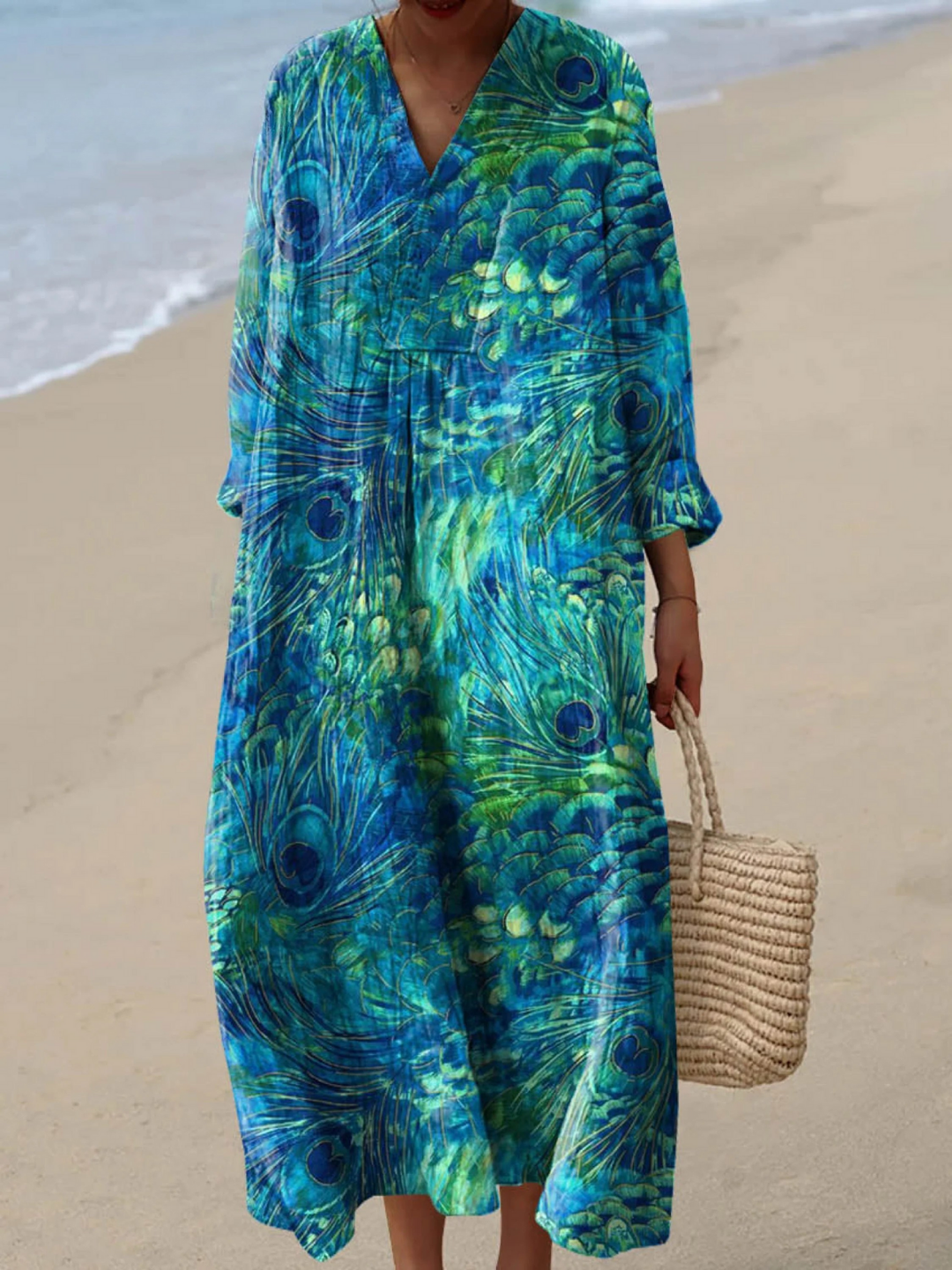 Blue Peacock Feather Pattern Art Print Dress for Women