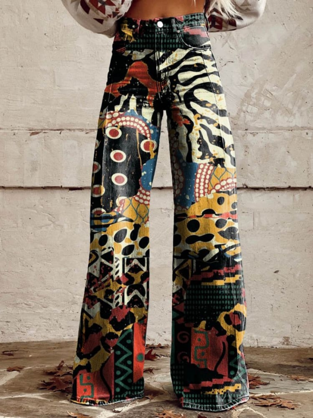 Elegant Wide Multicolor Art Pants, Plus Size