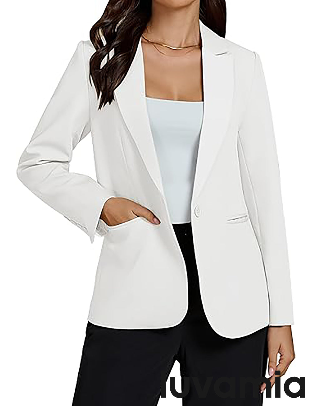 Women's Lapel Long Sleeve Pocketed Business Blazer – Cream White