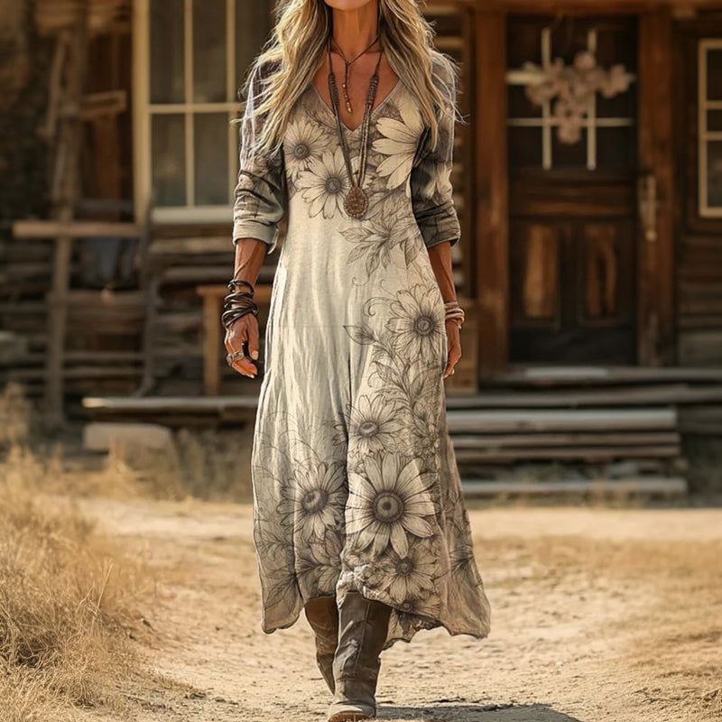 Vintage-Inspired Long Sleeve Floral Dress for Women