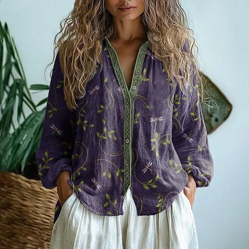 Vintage Leaf Print Shirt for Women, Elegant Style