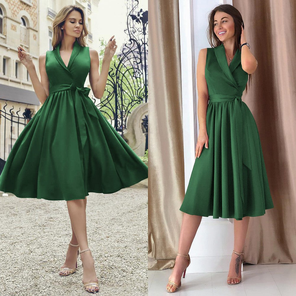 Women's Sleeveless Midi Dress with Belt