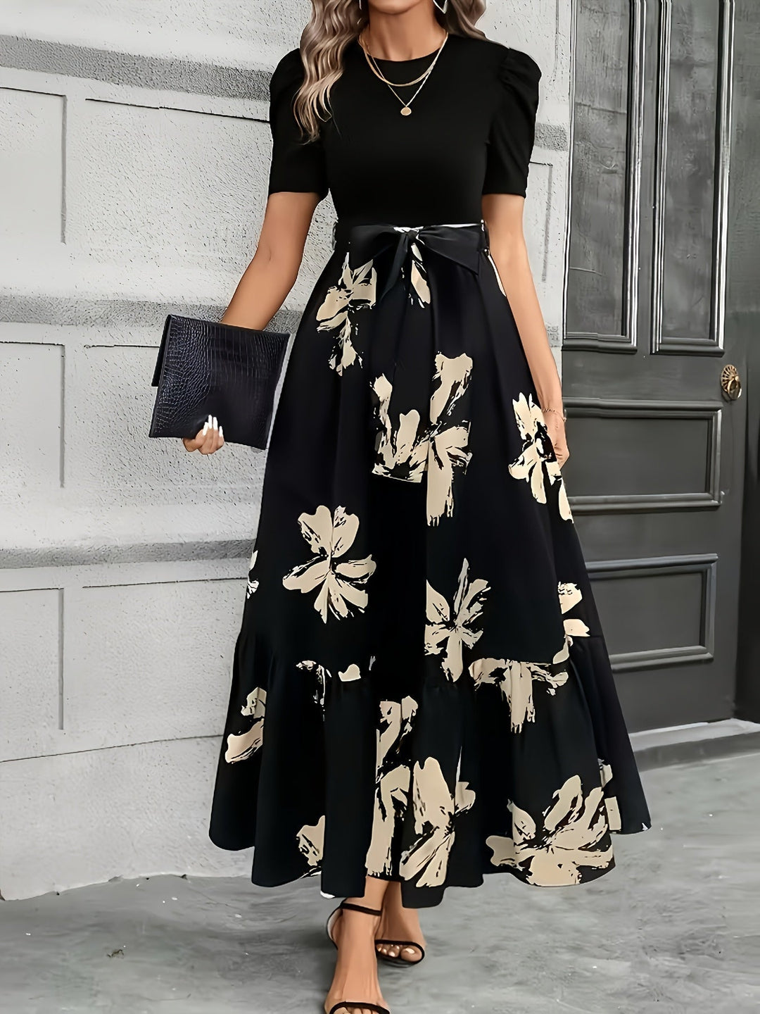 Black Flowing Puff-Sleeve Maxi Dress for Women