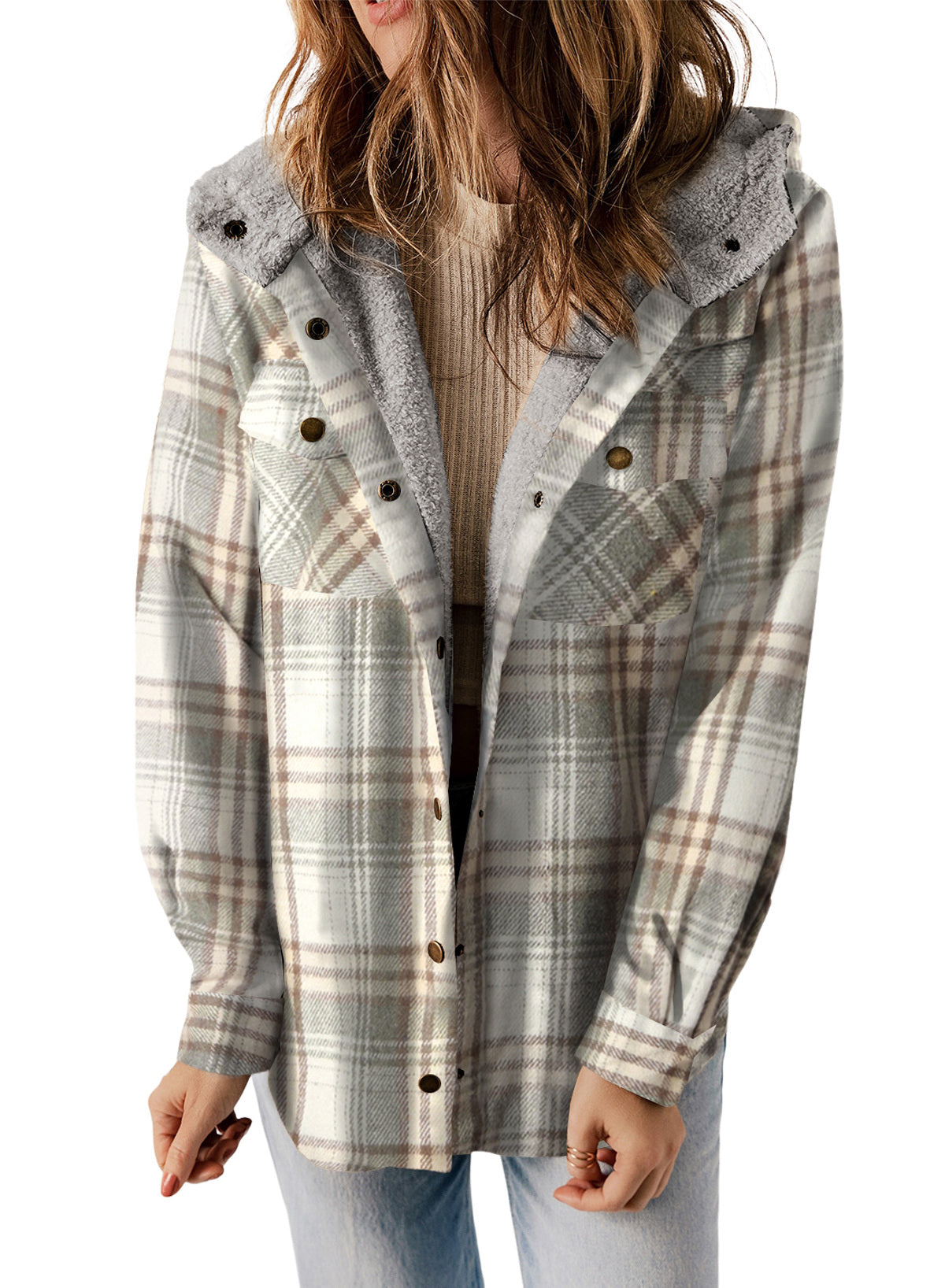 Women's Fleece Hooded Button-Down Long Sleeve Shirt Jacket – Gray