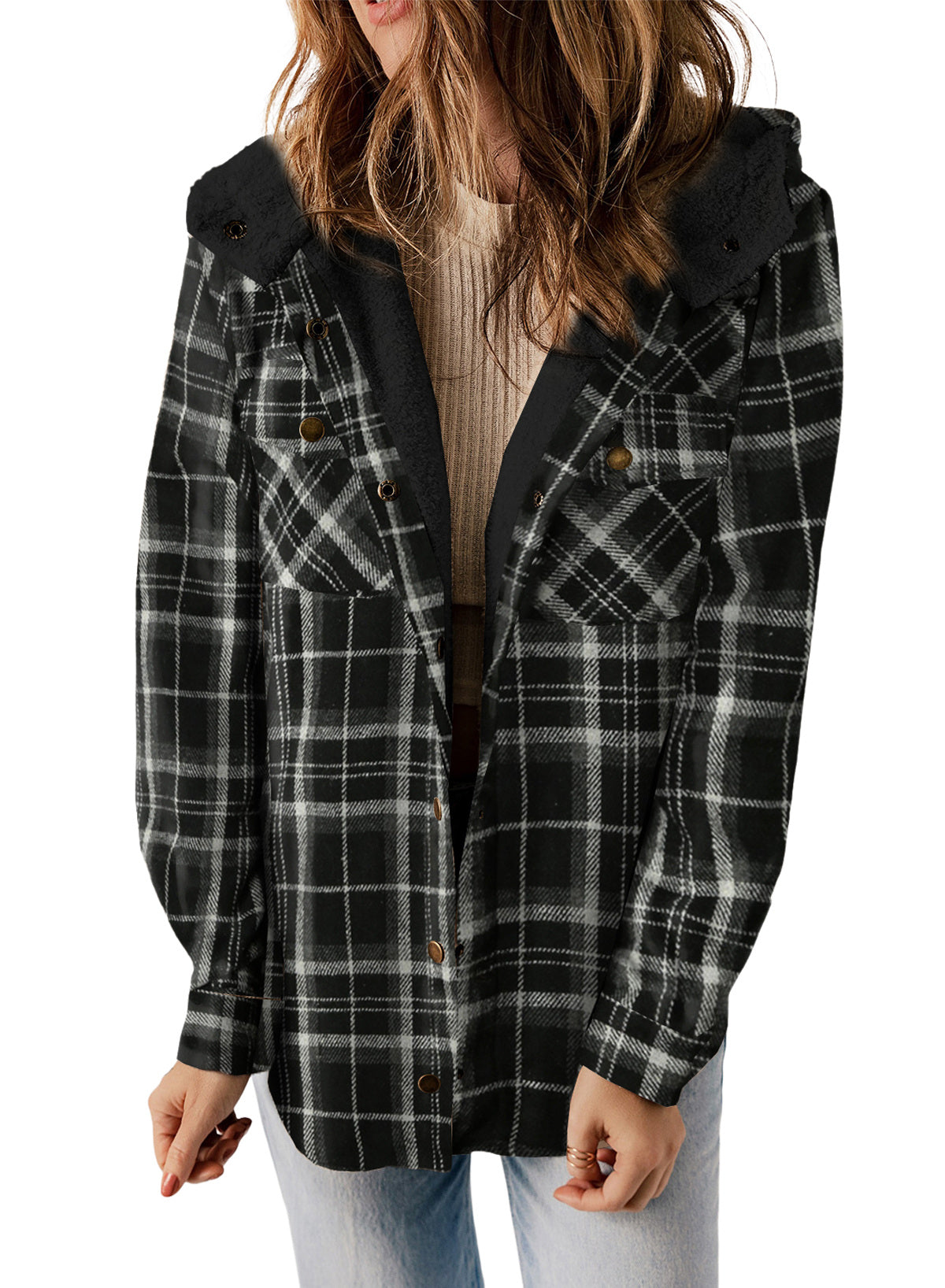 Women's Fleece Hooded Button-Down Long Sleeve Shirt Jacket – Black