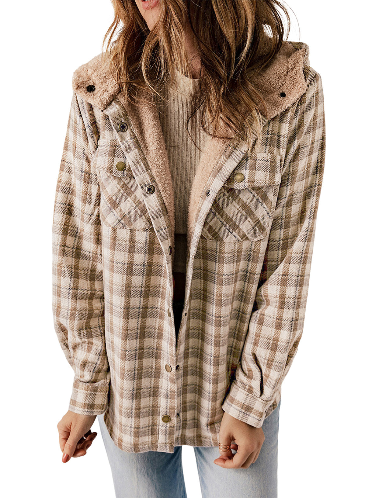 Women's Fleece Hooded Button-Down Long Sleeve Shirt Jacket – Khaki