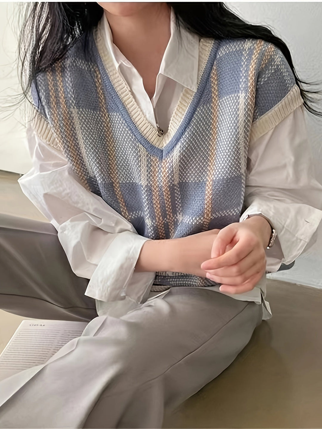 Plaid V-Neck Sweater Vest, Women's Vintage Fit