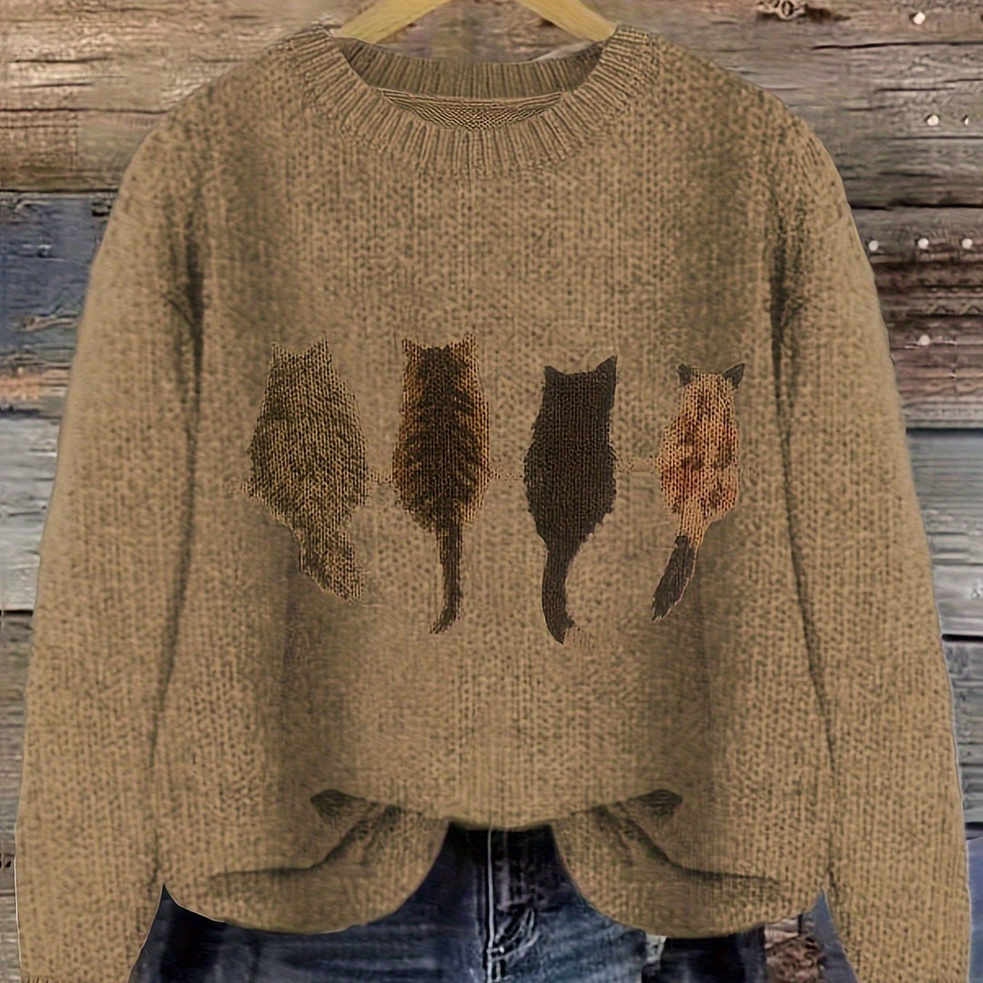 Cat-Print Sweater for Women, Cozy Style