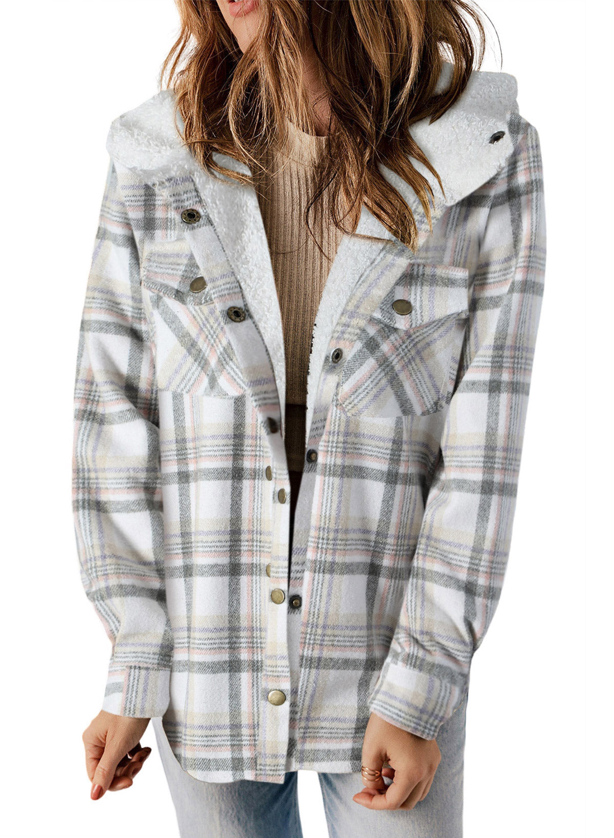 Women's Fleece Hooded Button-Down Long Sleeve Shirt Jacket – White
