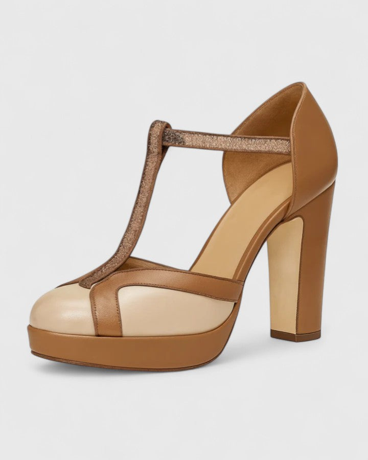 Brown Sophisticated Close Toe T-Strap Heels for Women