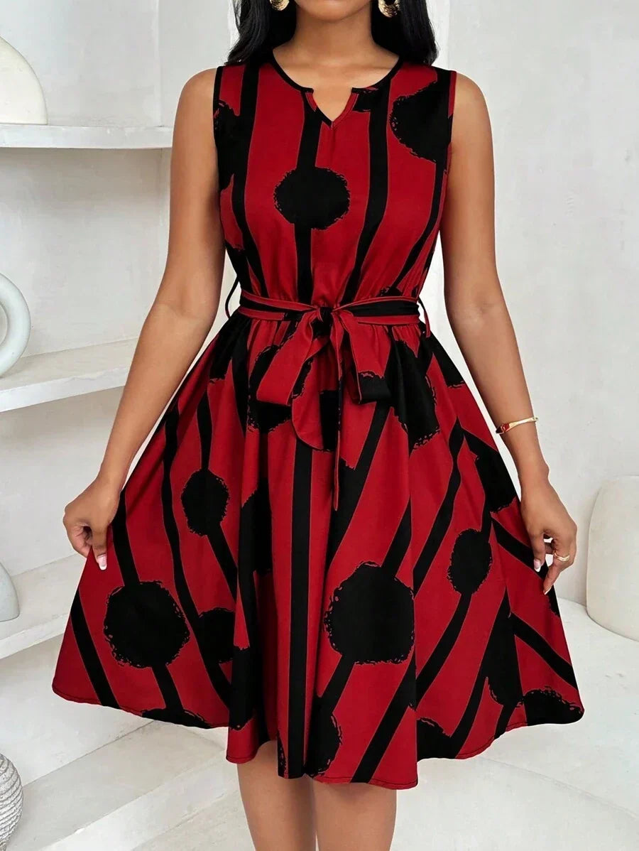 Geometric Print Tie-Waist Dress for Women, Elegant Style