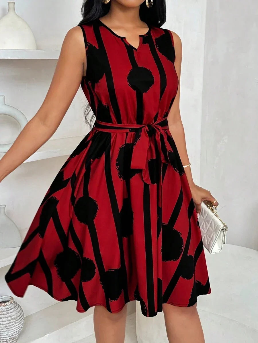 Geometric Print Tie-Waist Dress for Women, Elegant Style