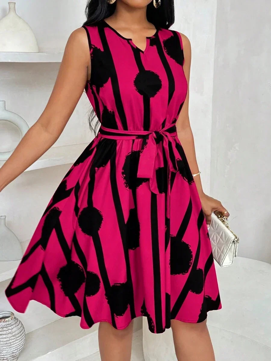 Geometric Print Tie-Waist Dress for Women, Elegant Style