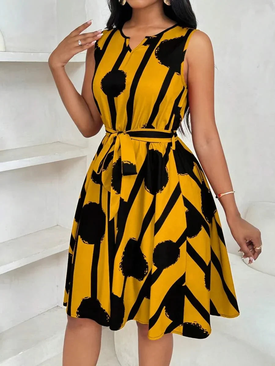 Geometric Print Tie-Waist Dress for Women, Elegant Style