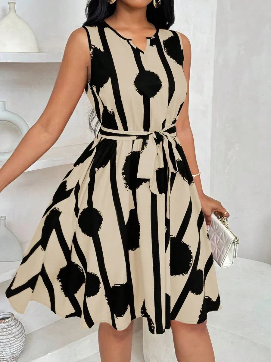 Geometric Print Tie-Waist Dress for Women, Elegant Style