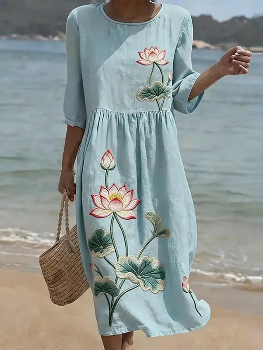 Round Neck Floral Dress for Women, Timeless Style