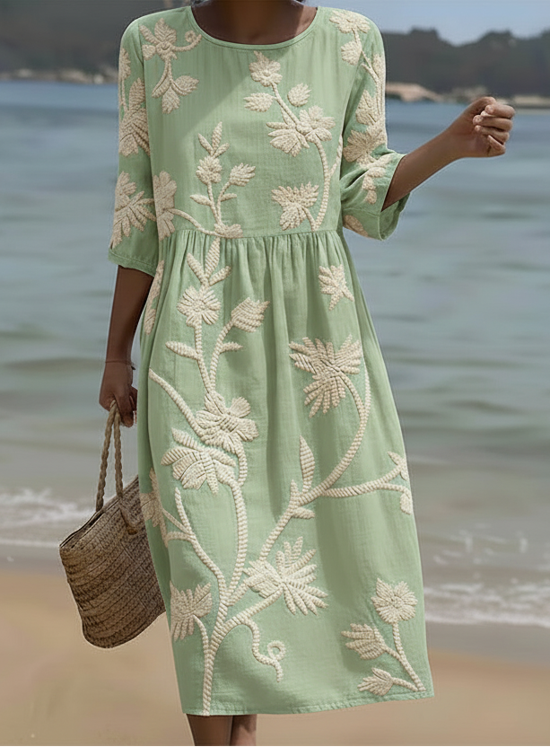 Round Neck Mid Sleeve Floral Dress for Women, Plus Size