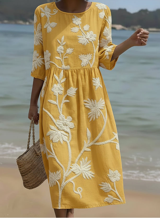 Yellow Elegant Round Neck Floral Dress for Women