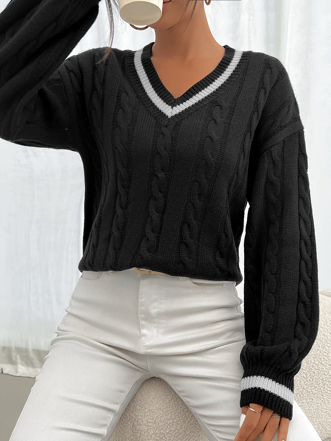 Women's Cable-Knit V-Neck Sweater