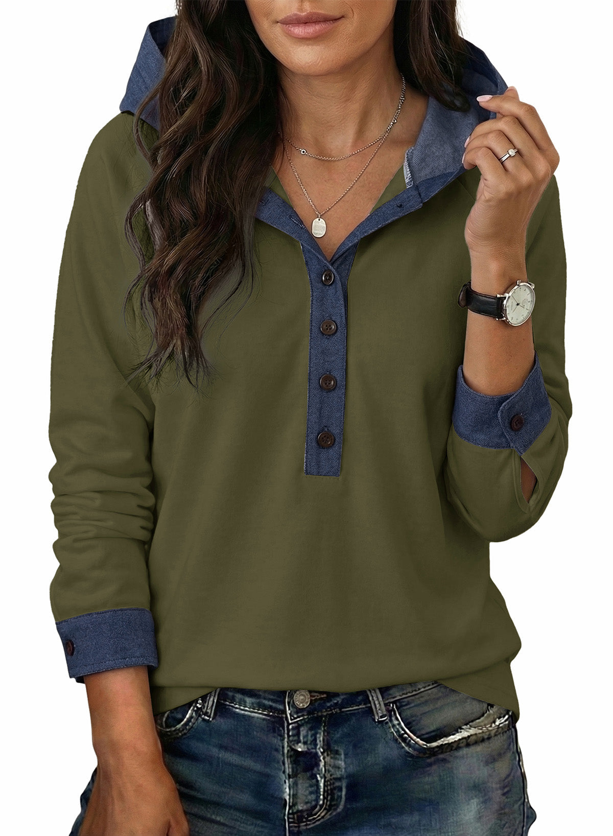 Women's Denim Long Sleeve Button-Front Hoodie – detail