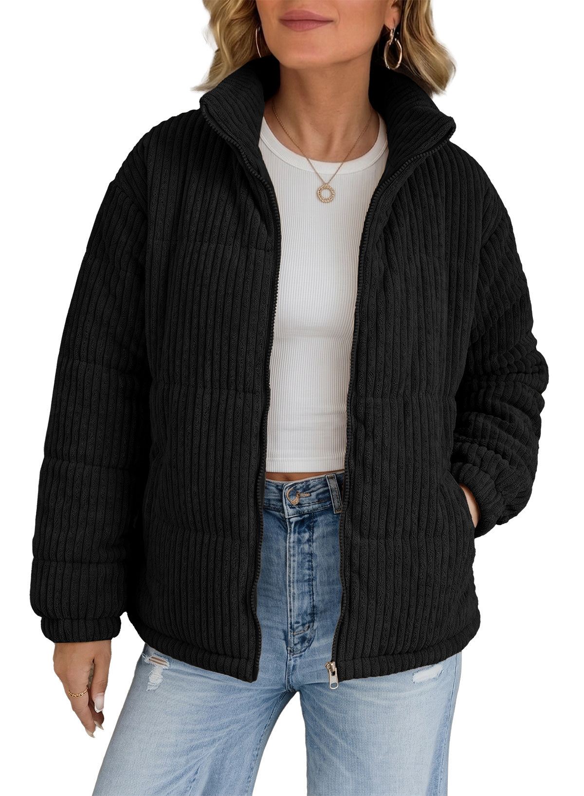Women's Corduroy Padded Puffer Coat – Black
