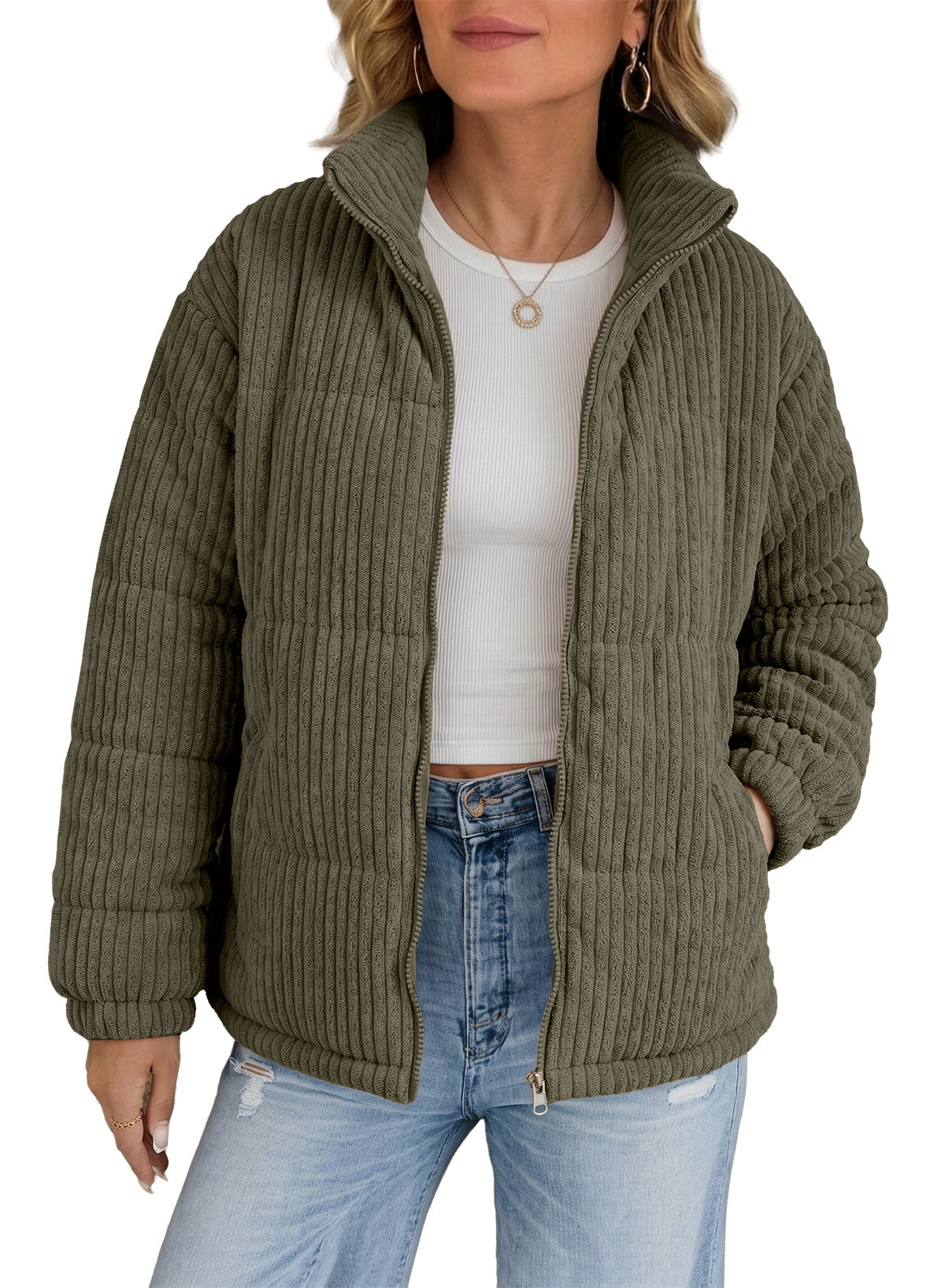 Women's Corduroy Padded Puffer Coat – Jungle Green
