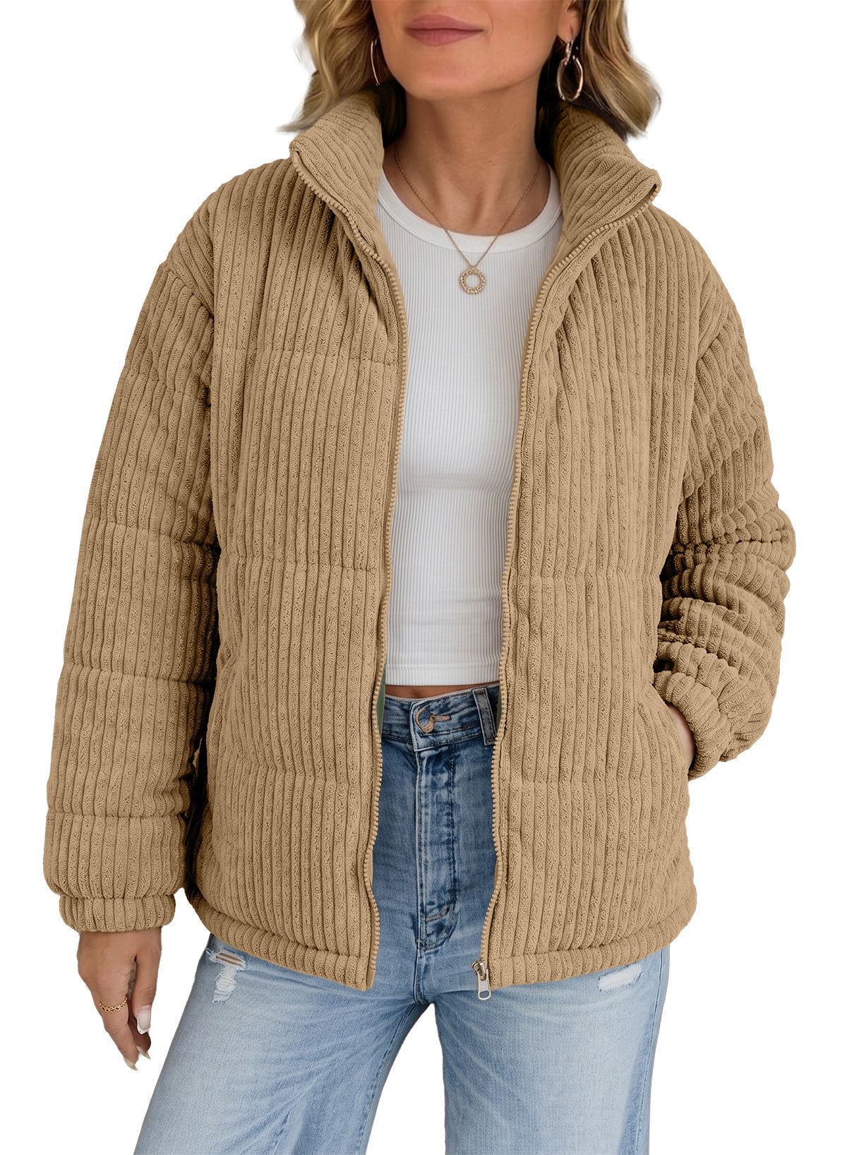 Women's Corduroy Padded Puffer Coat – Oatmeal