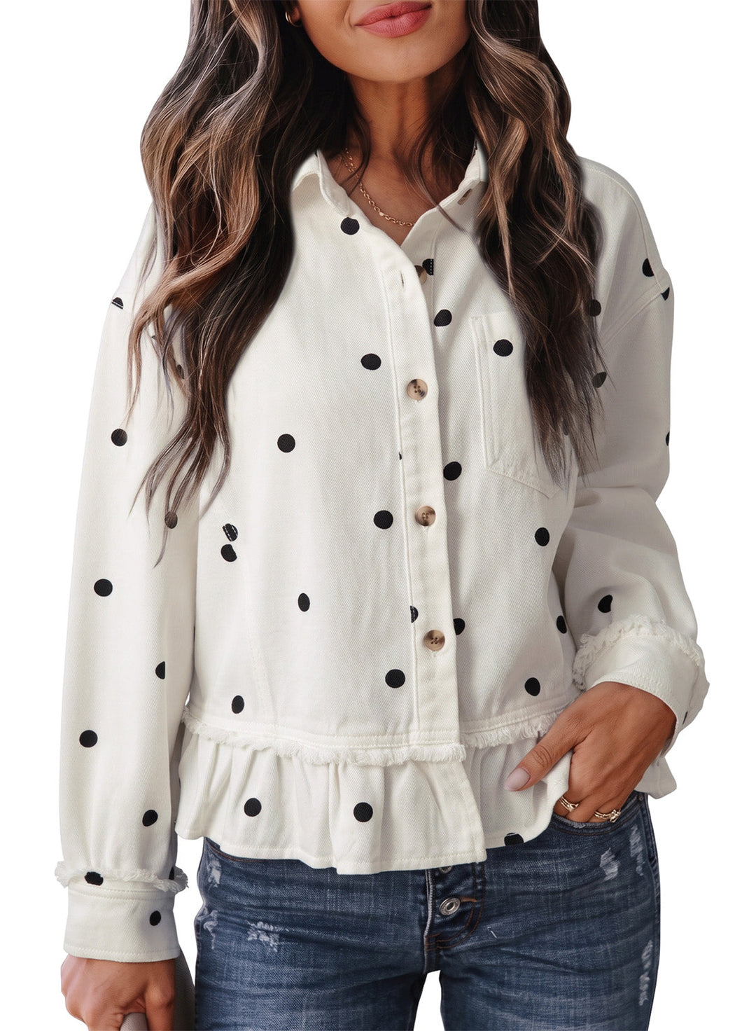 Women's Button-Front Ruffled Denim Jacket