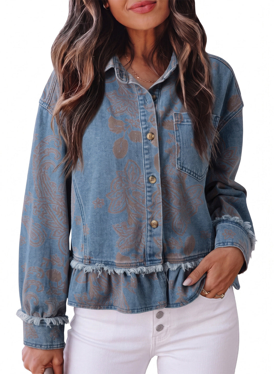 Women's Button-Front Ruffled Denim Jacket