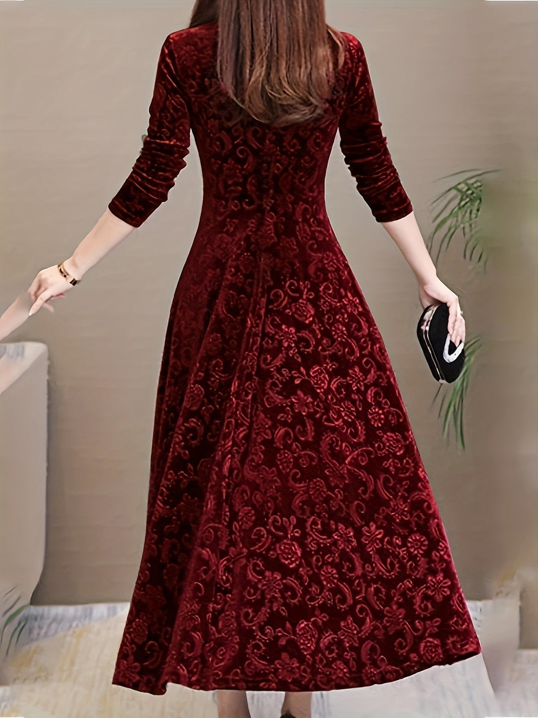 Long-Sleeve Midi Dress for Women, Elegant Style