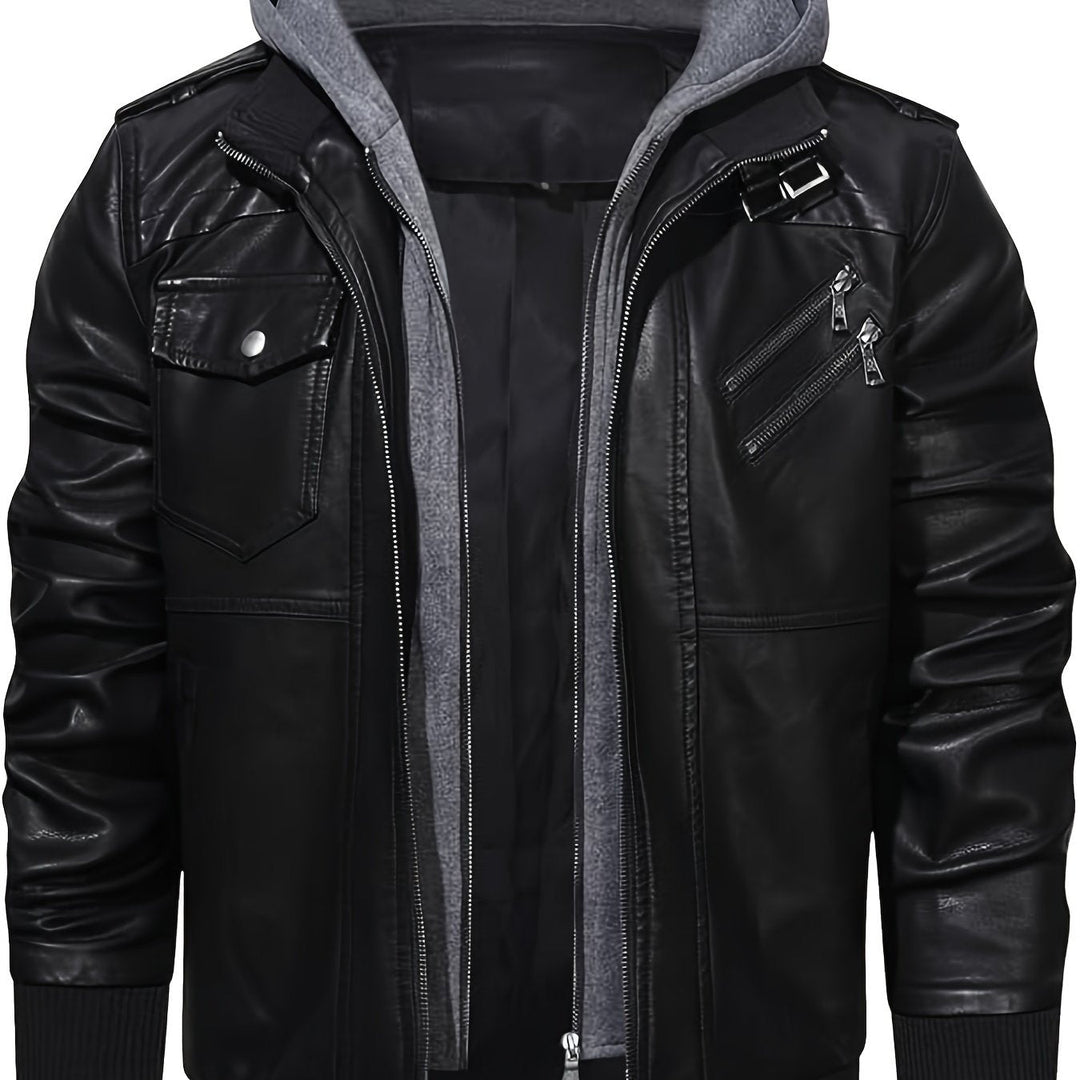 Black Hooded Moto Jacket for Men