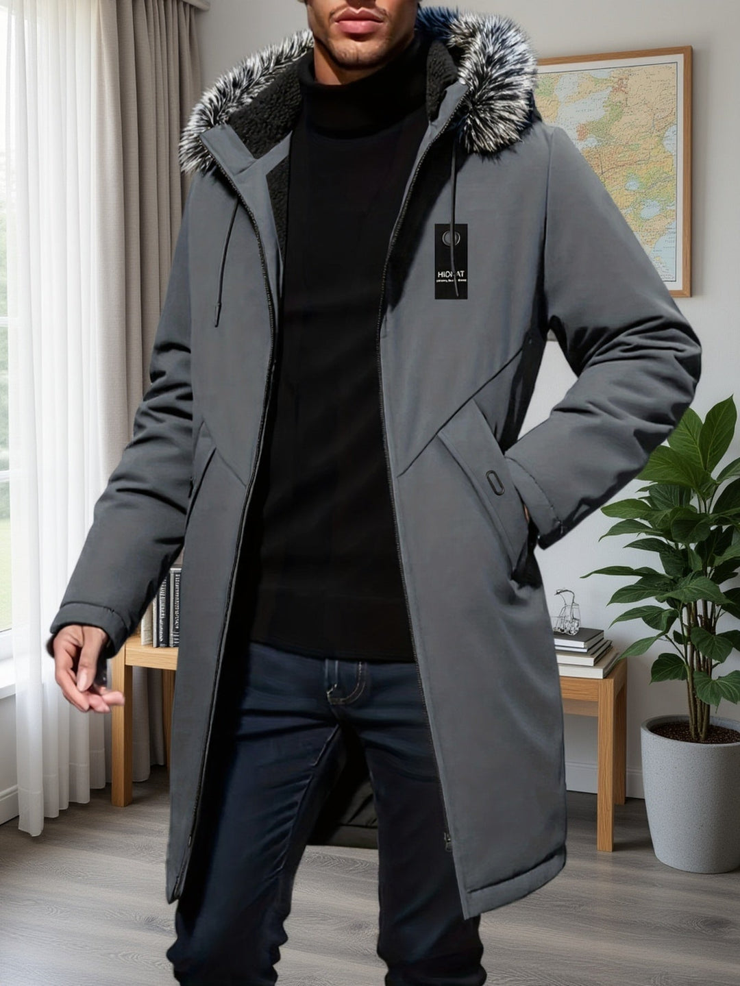 Hooded Mid-Length Parka Jacket for Men, Plus Size