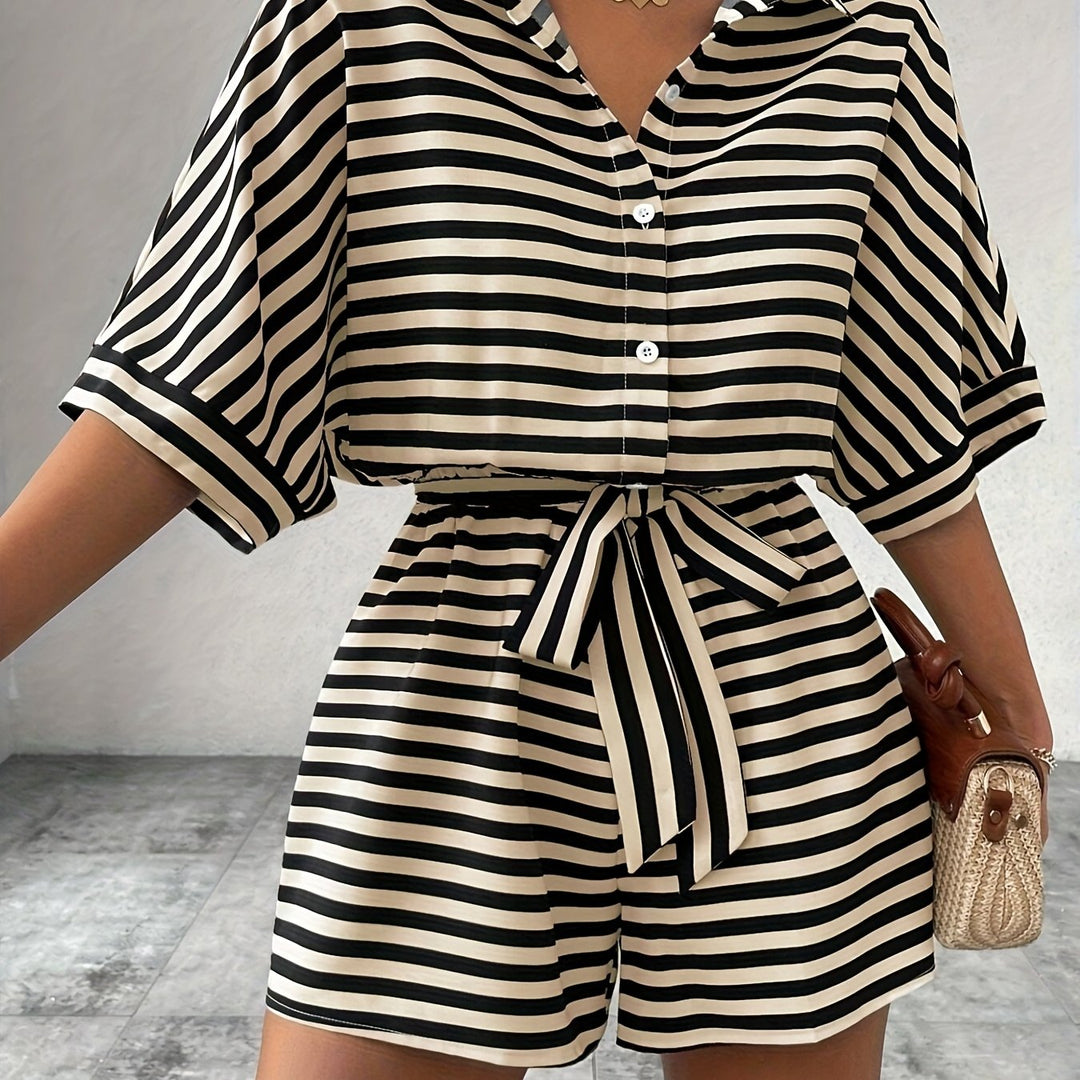 Ladies Belted Striped Romper