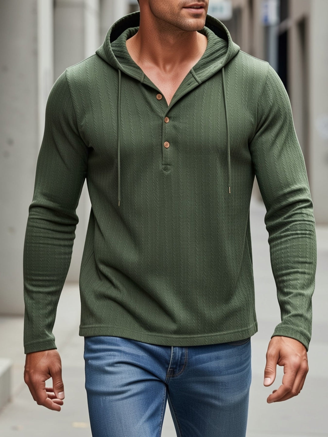 Dark Green Hooded Textured Henley for Men
