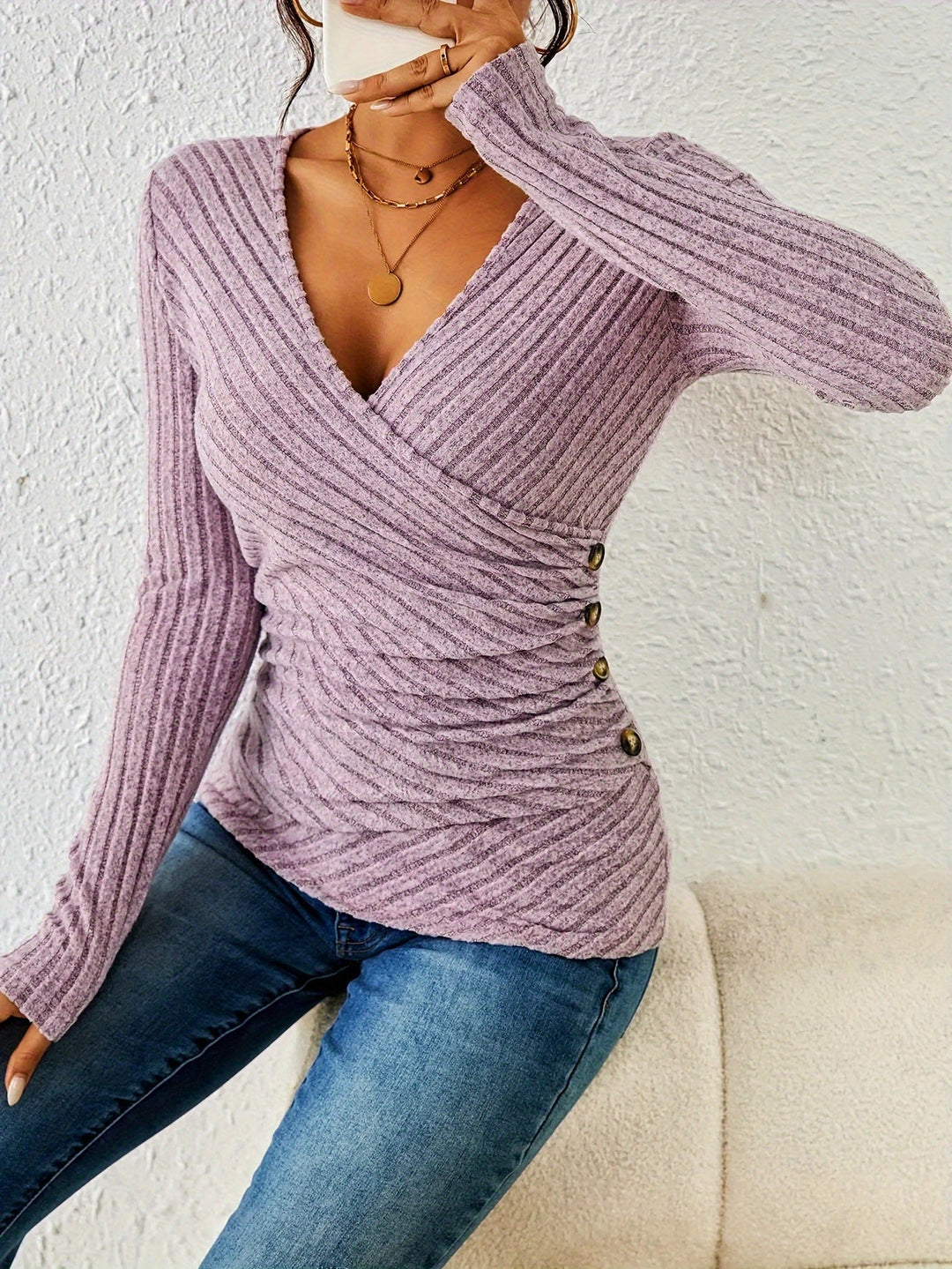 Fitted Ribbed V-Neck Top for Women