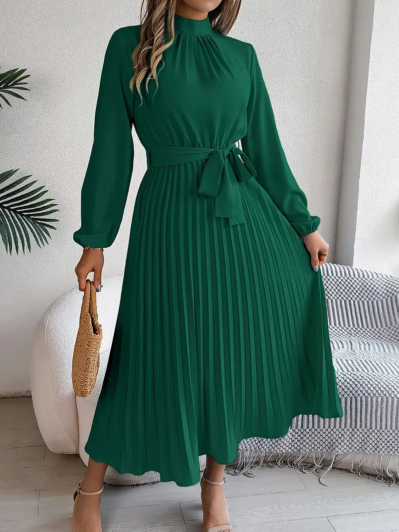 Long-Sleeve Belted Waist Midi Dress for Women