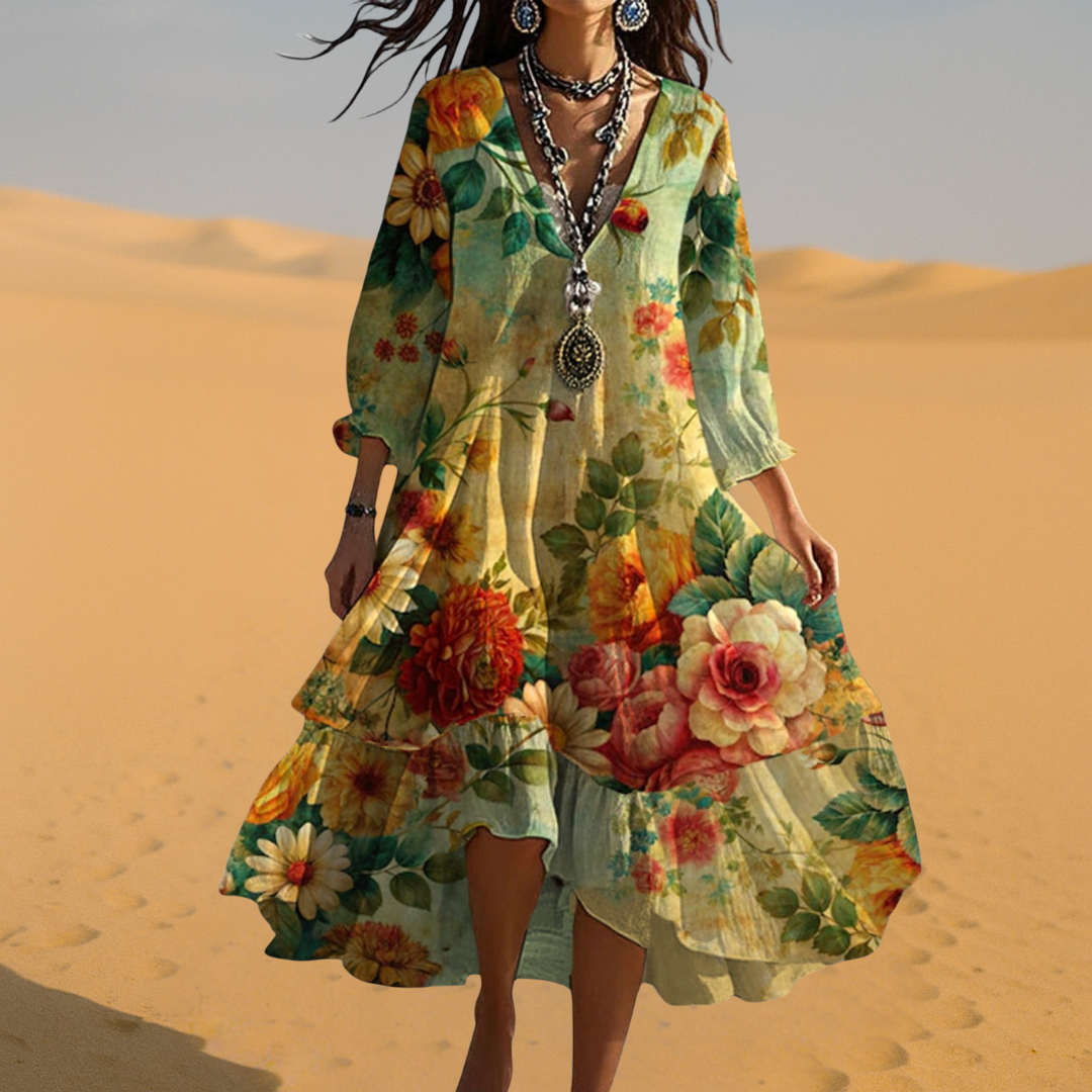 Boho V-Neck Summer Dress for Women, Vintage Style