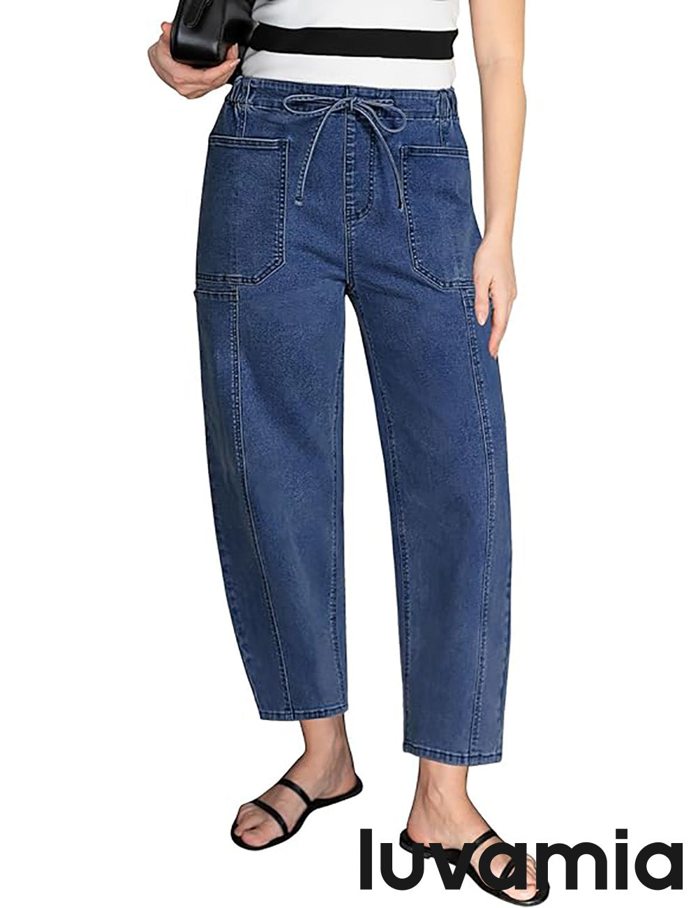 Women's Denim Jeans with Pockets and Drawstring – Elastic Waist