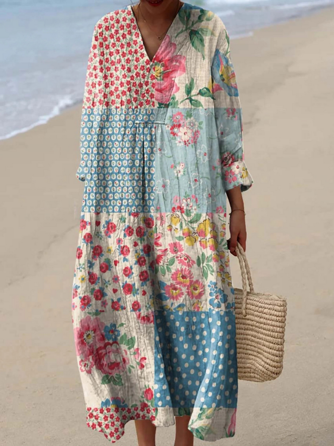 Floral Patchwork Pattern Dress for Women, Vintage Style