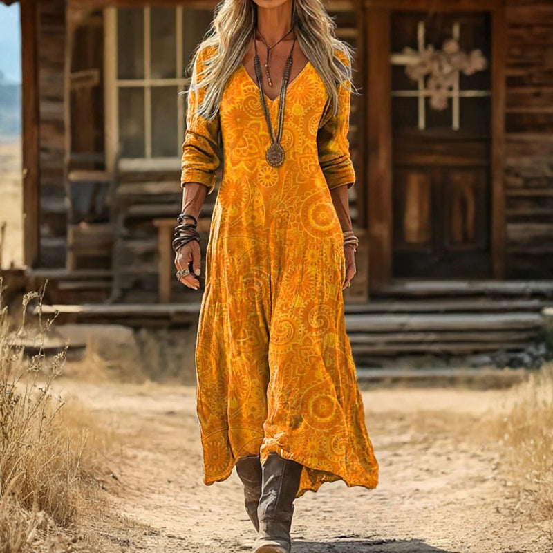 Vintage Yellow Long Sleeve Dress for Women, Plus Size