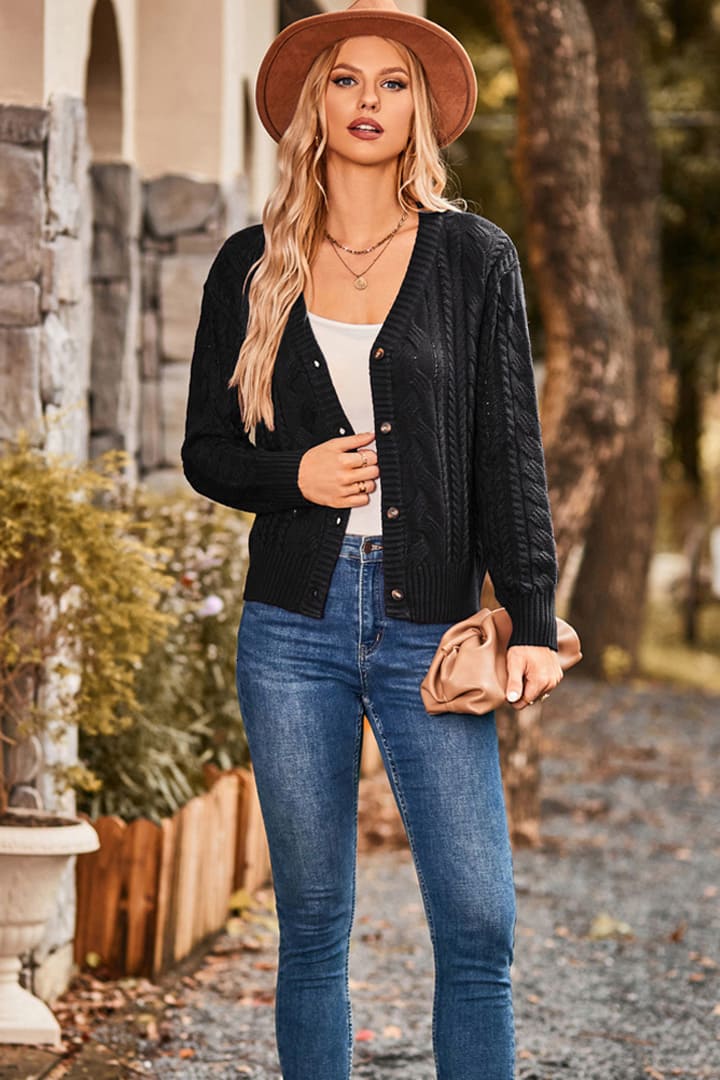 Women's Cable Knit Button-Up V-Neck Long Sleeve Cardigan – Black