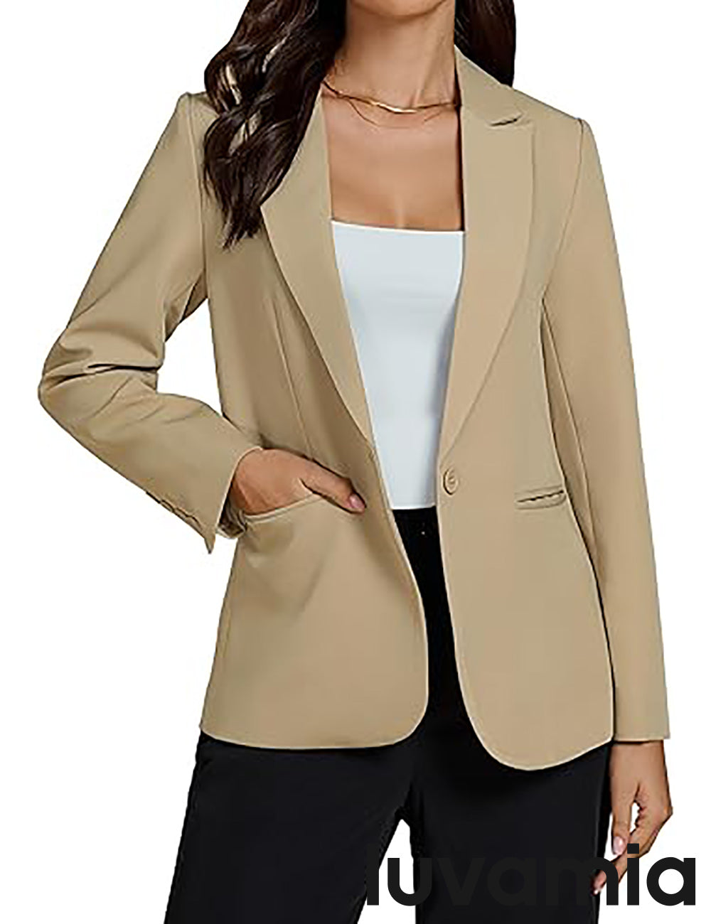 Women's Lapel Long Sleeve Pocketed Business Blazer – Beige
